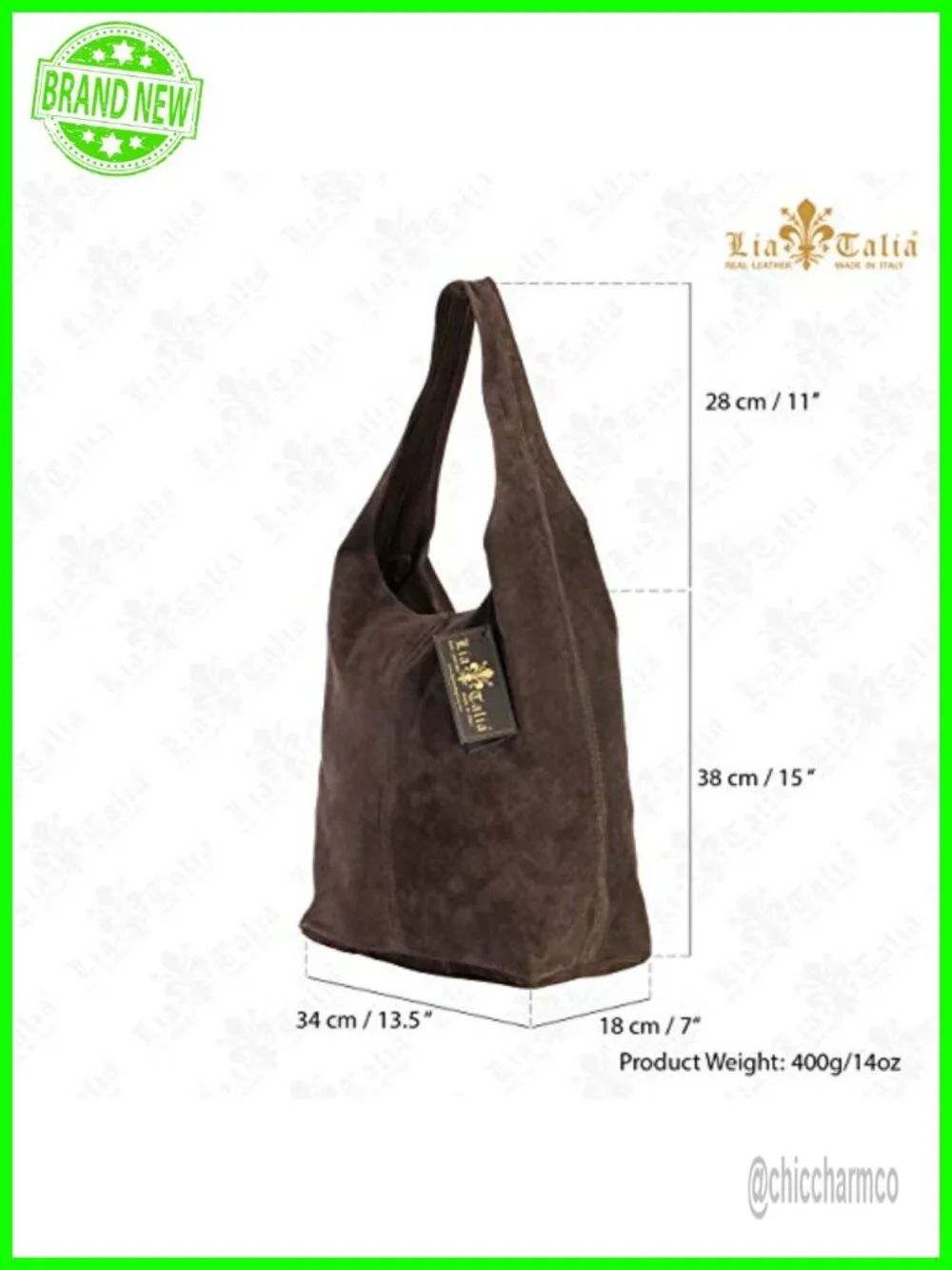 Genuine Italian Suede Hobo Bag Large Slouch Shoulder Tote Zip Closure